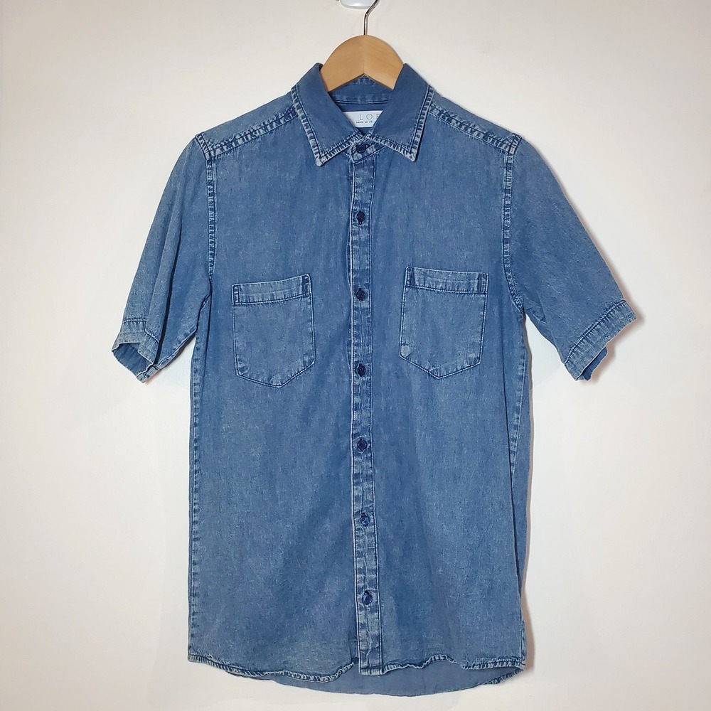 LOB Women's Short Sleeve‎ Medium Wash Denim Button Up Shirt Slim Fit Size XS